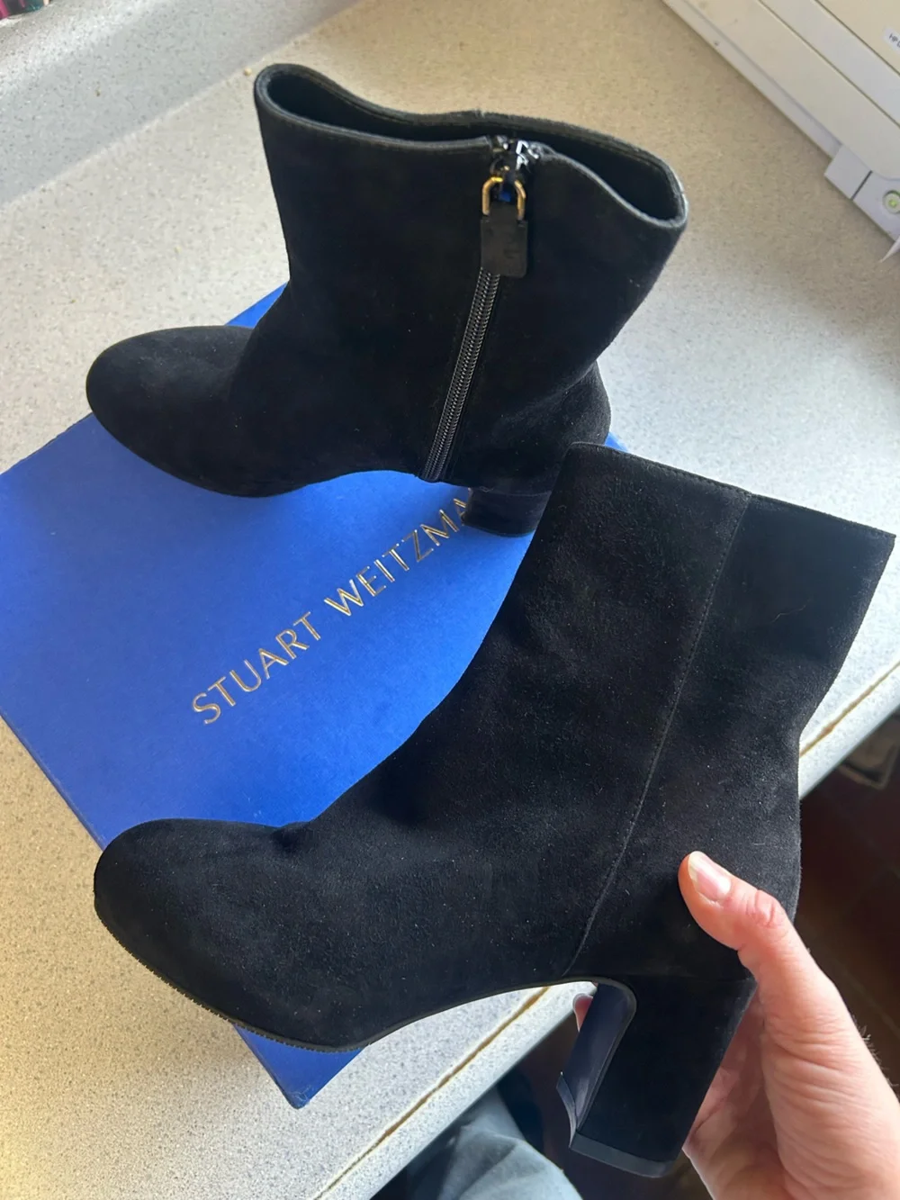 Stuart Weitzman Black Suede Block-Heel Ankle Booties
